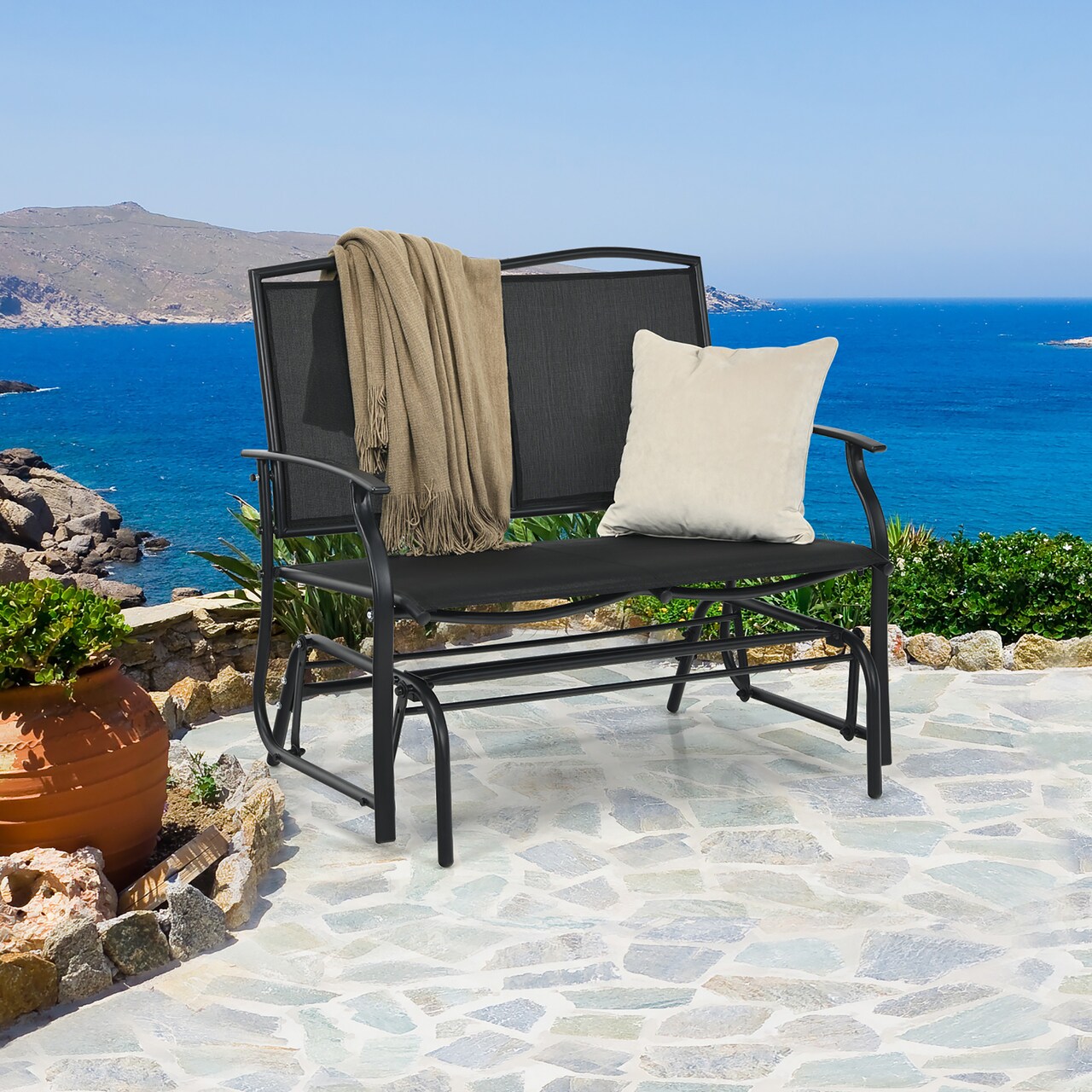 Costway Patio Glider Rocking Bench Double 2 Person Chair Loveseat Garden Grey\Black